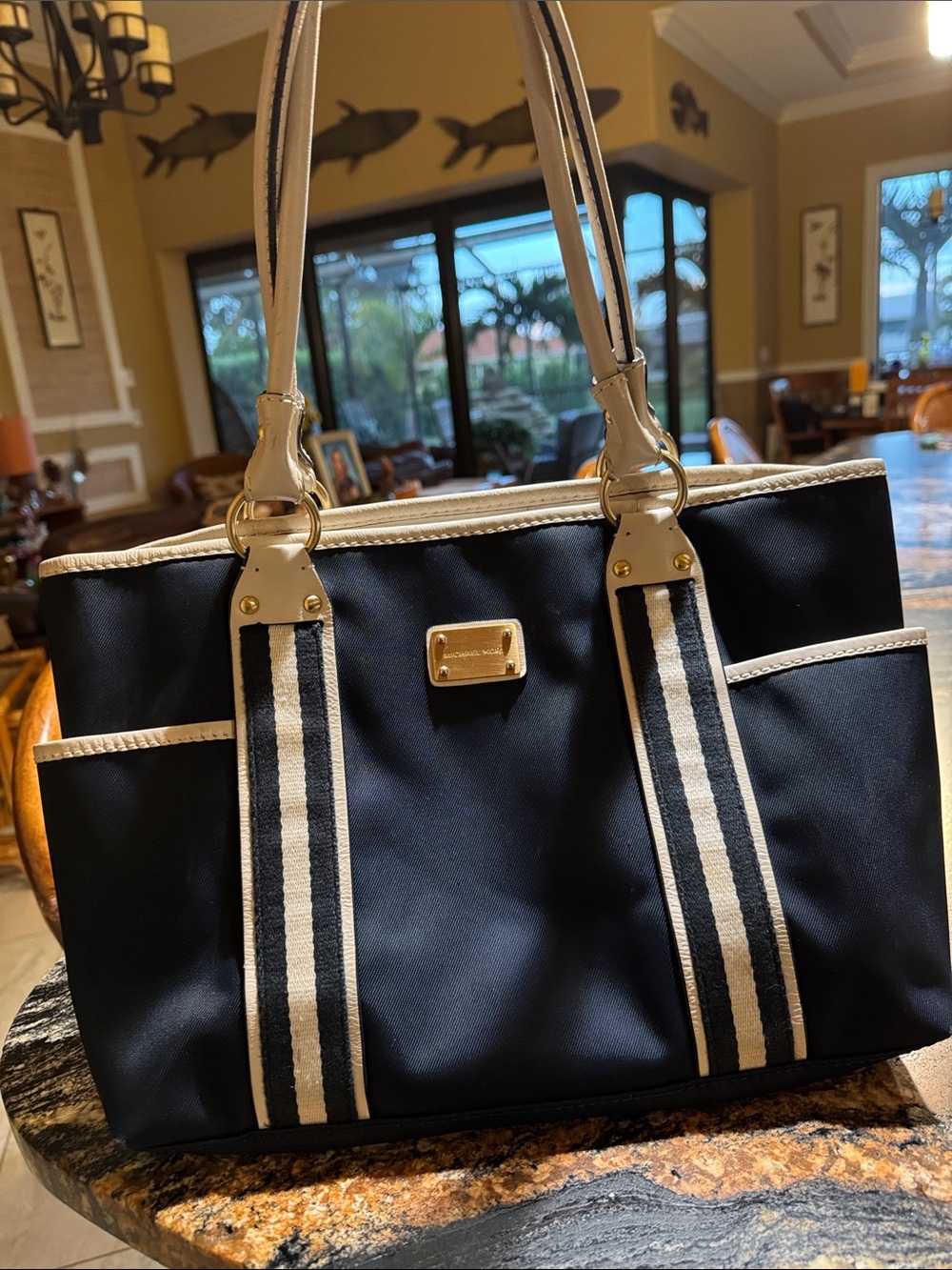 Michael Kors Navy Tote with Cream Trim and Striped Handles